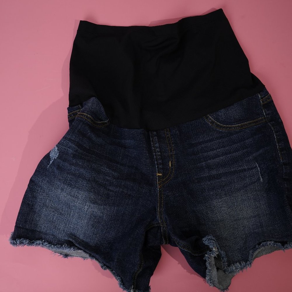Just Black Dark Blue Denim Maternity Shorts with Black Waist Panel